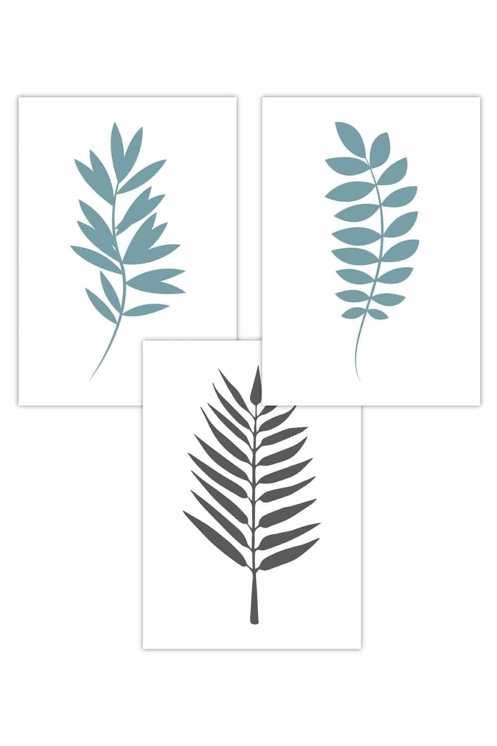 Set of 3 Graphical Blue Grey Leaves Art Posters